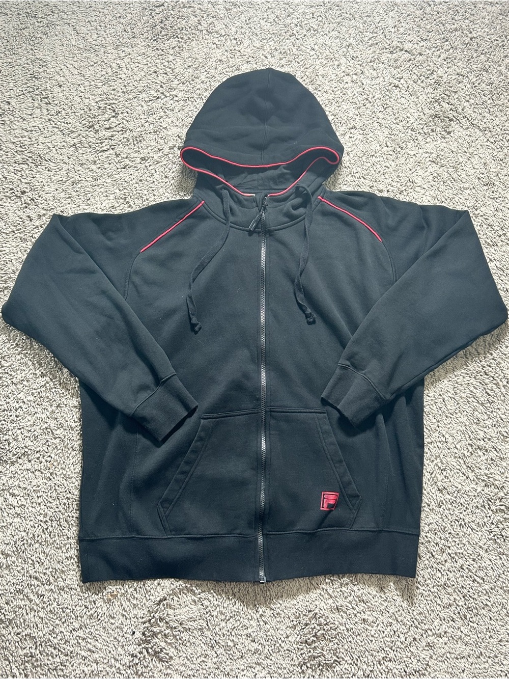 Fila Black Zip Hooded Sweater with Red Piping